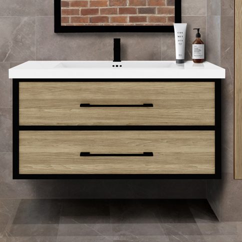 High Line vanity with a black framed AFINA Mirror above it.