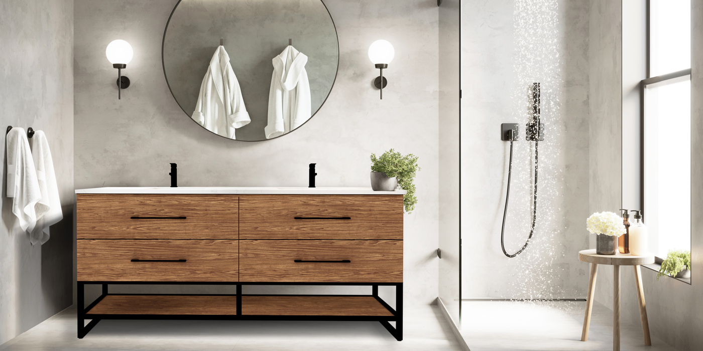 Genesis 60-inch American Walnut vanity with double sinks and 4 drawers